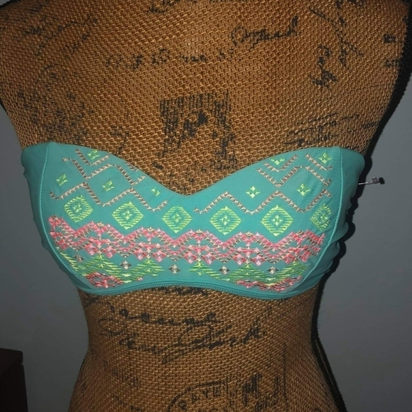 Xhilaration Bikini Top Teal Aztec Embroidered EUC - Picture 1 of 5